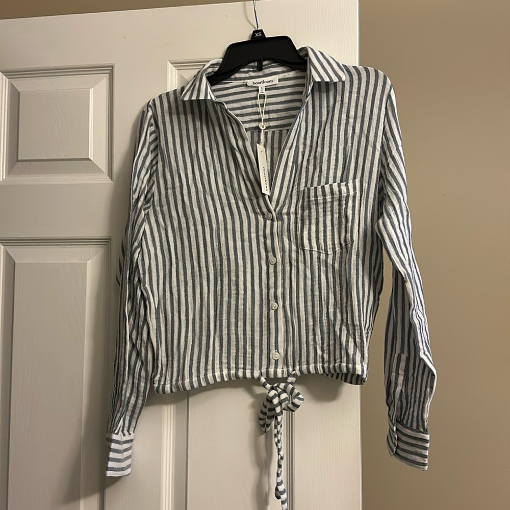 Women’s new with tags light blue denim and white striped drawstring waist shirt